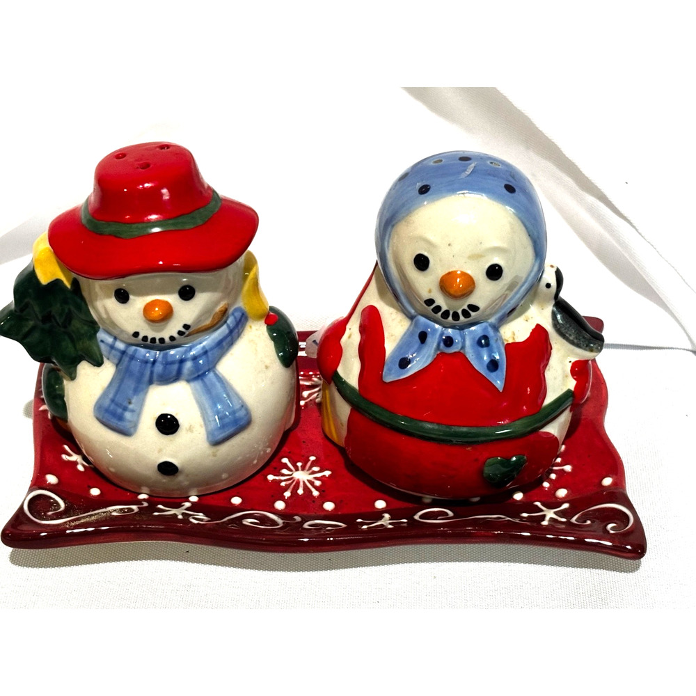 Bella Casa by Ganz Snowman Salt and Pepper Shakers with Tray christmas holiday